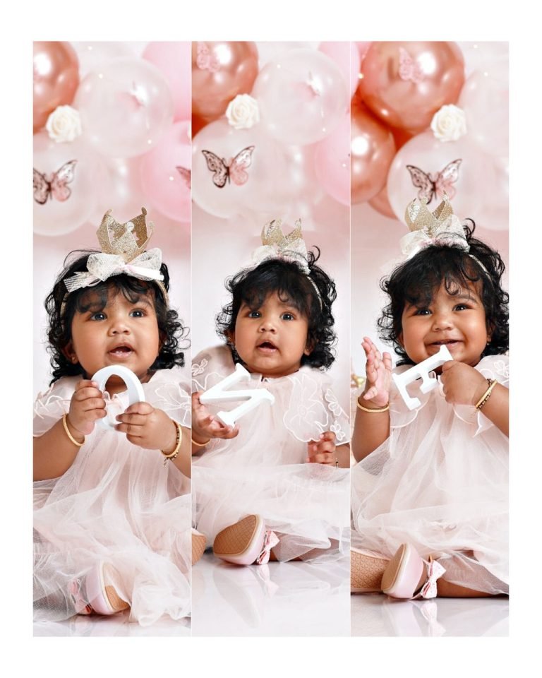 Three-photo collage of a baby girl in white holding letters spelling ONE