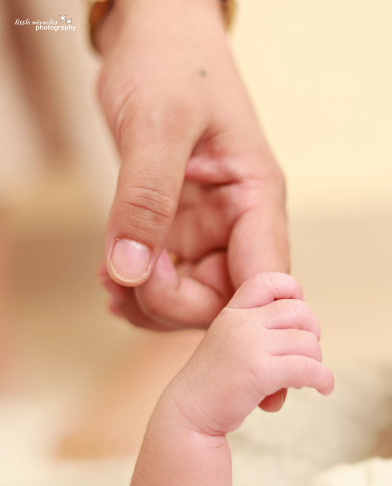 Newborn baby's hand holding a parent's finger, soft close-up