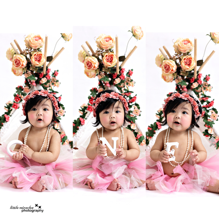 Three-photo collage of a baby girl in a floral crown holding letters spelling ONE